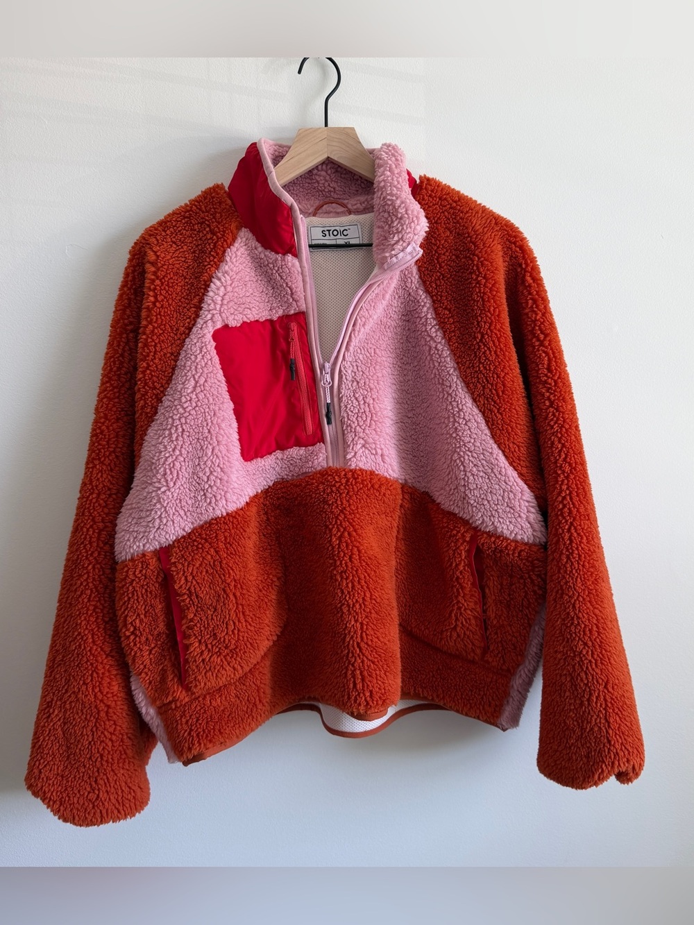 STOIC Colorblock Oversized Teddy Jacket in Cherry Red, Pink & Terracotta